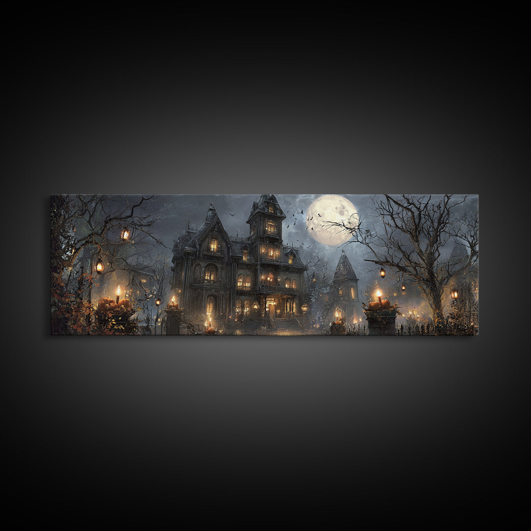 The Haunted Hotel, Extra Wide Wall Art, Dark Halloween Decor, Canvas Print, Halloween Wall Decor, Gothic Home Decor, Spooky Wall Decor