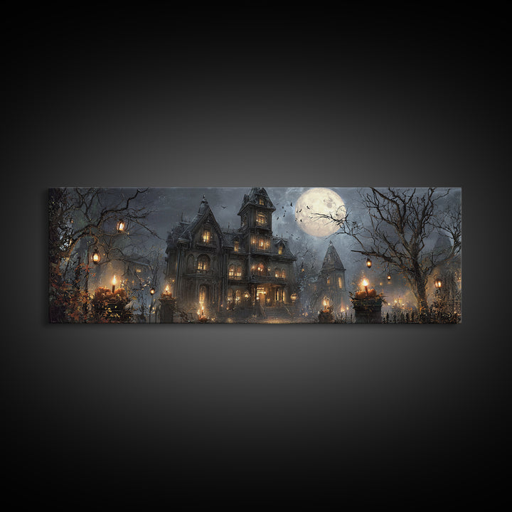 The Haunted Hotel, Extra Wide Wall Art, Dark Halloween Decor, Canvas Print, Halloween Wall Decor, Gothic Home Decor, Spooky Wall Decor