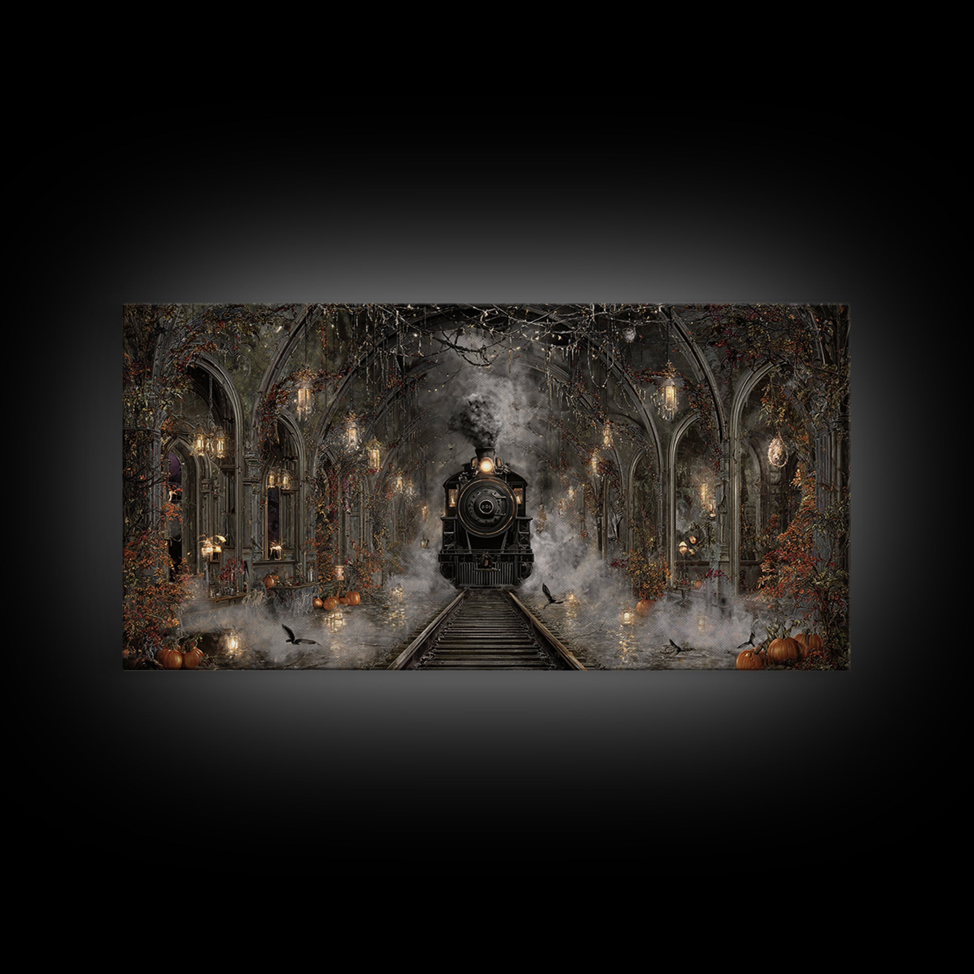 The Abandoned Train Station, Wide Panoramic Art, Macabre Wall Art, Framed Canvas Print, Halloween Wall Decor, Gothic Home Decor