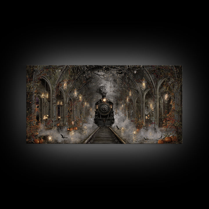 The Abandoned Train Station, Wide Panoramic Art, Macabre Wall Art, Framed Canvas Print, Halloween Wall Decor, Gothic Home Decor