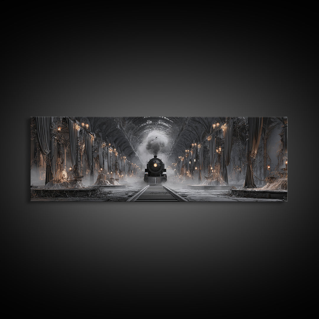 The Abandoned Train Station, Extra Wide Wall Art, Haunted Gothic Art, Framed Canvas Print, Halloween Wall Decor, Gothic Home Decor