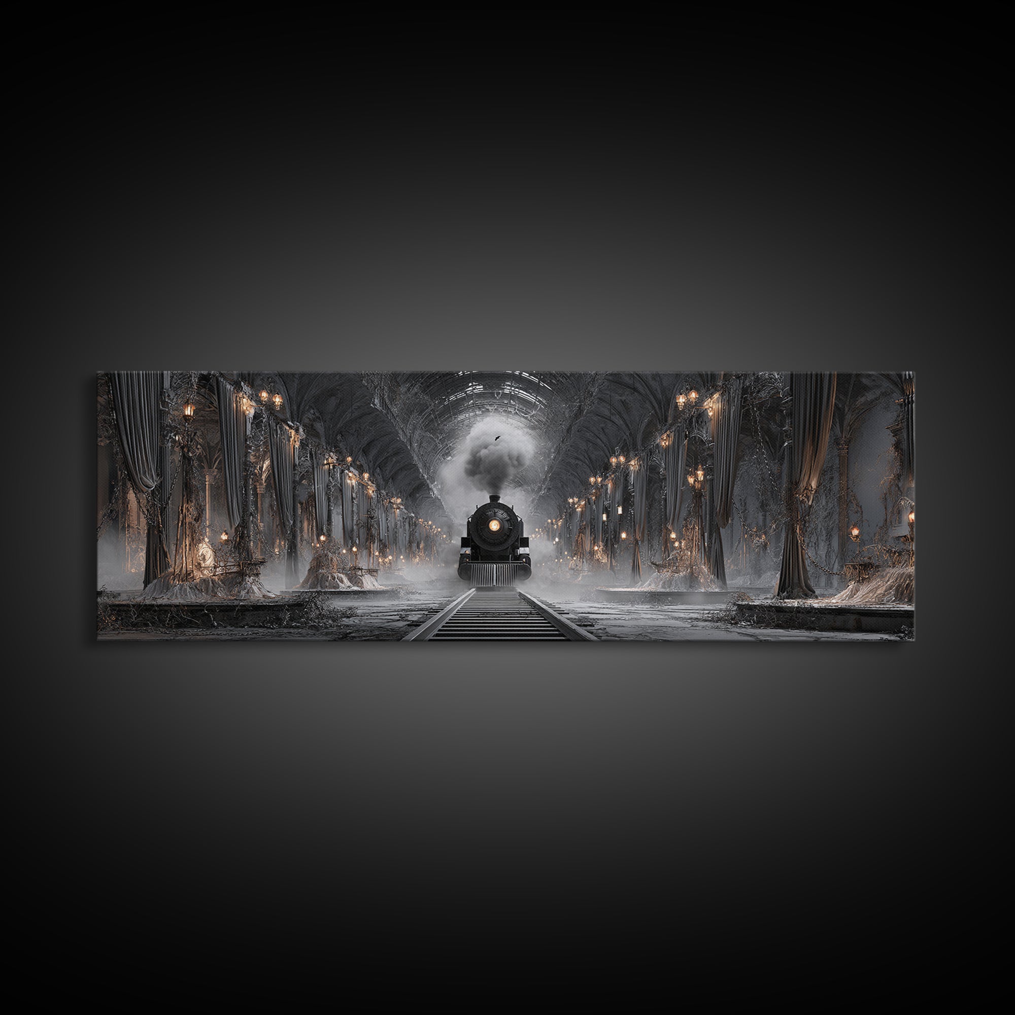 The Abandoned Train Station, Extra Wide Wall Art, Haunted Gothic Art, Framed Canvas Print, Halloween Wall Decor, Gothic Home Decor