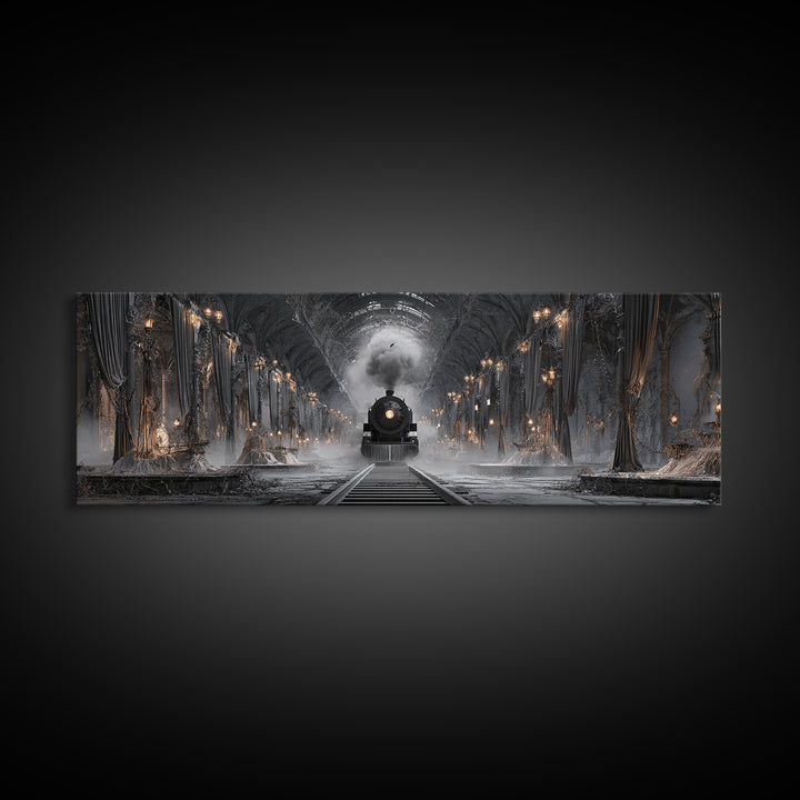The Abandoned Train Station, Extra Wide Wall Art, Haunted Gothic Art, Framed Canvas Print, Halloween Wall Decor, Gothic Home Decor