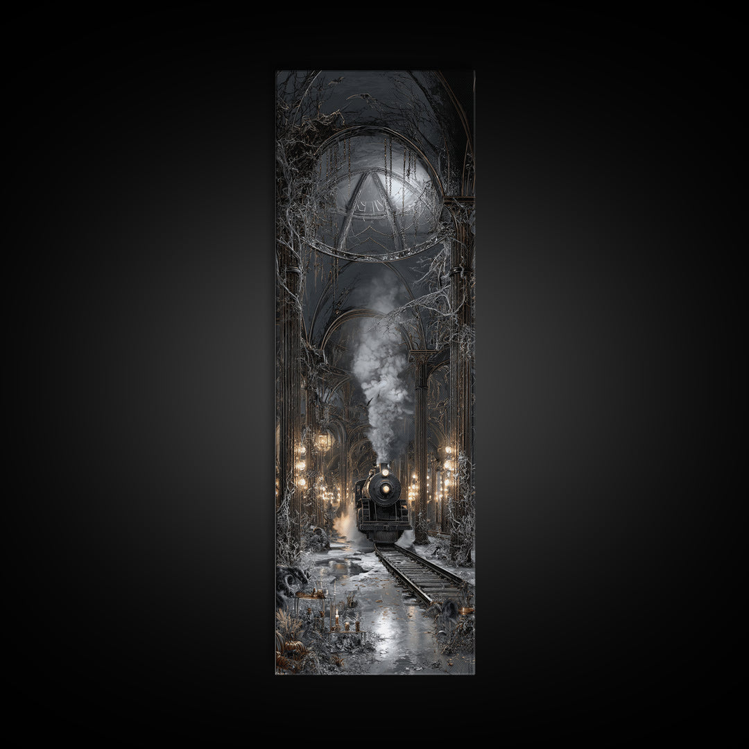The Abandoned Train Station, Tall Narrow Wall Art, Gothic Horror Wall Art, Framed Canvas Print, Halloween Wall Decor, Gothic Home Decor