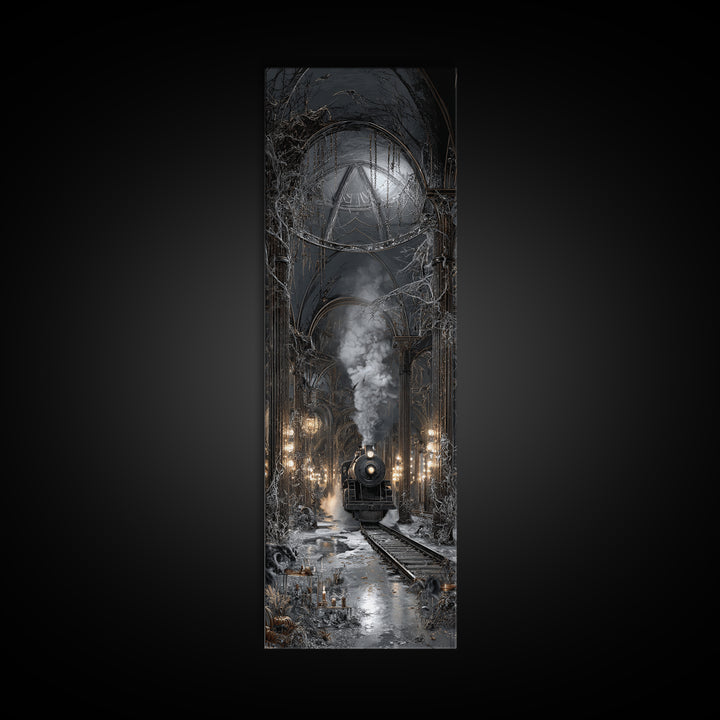 The Abandoned Train Station, Tall Narrow Wall Art, Gothic Horror Wall Art, Framed Canvas Print, Halloween Wall Decor, Gothic Home Decor