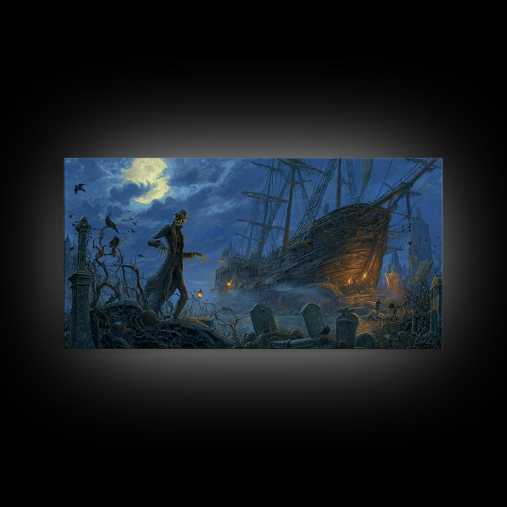 The Shipwreck Cove, Wide Panoramic Art, Gothic Horror Wall Art, Framed Canvas Print, Halloween Wall Decor, Gothic Home Decor