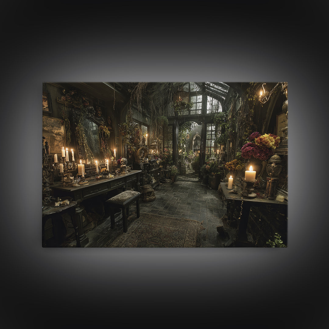 The Cemetery Greenhouse, Landscape Wall Art, Macabre Wall Art, Framed Canvas Print, Halloween Wall Decor, Gothic Home Decor, Halloween Decor
