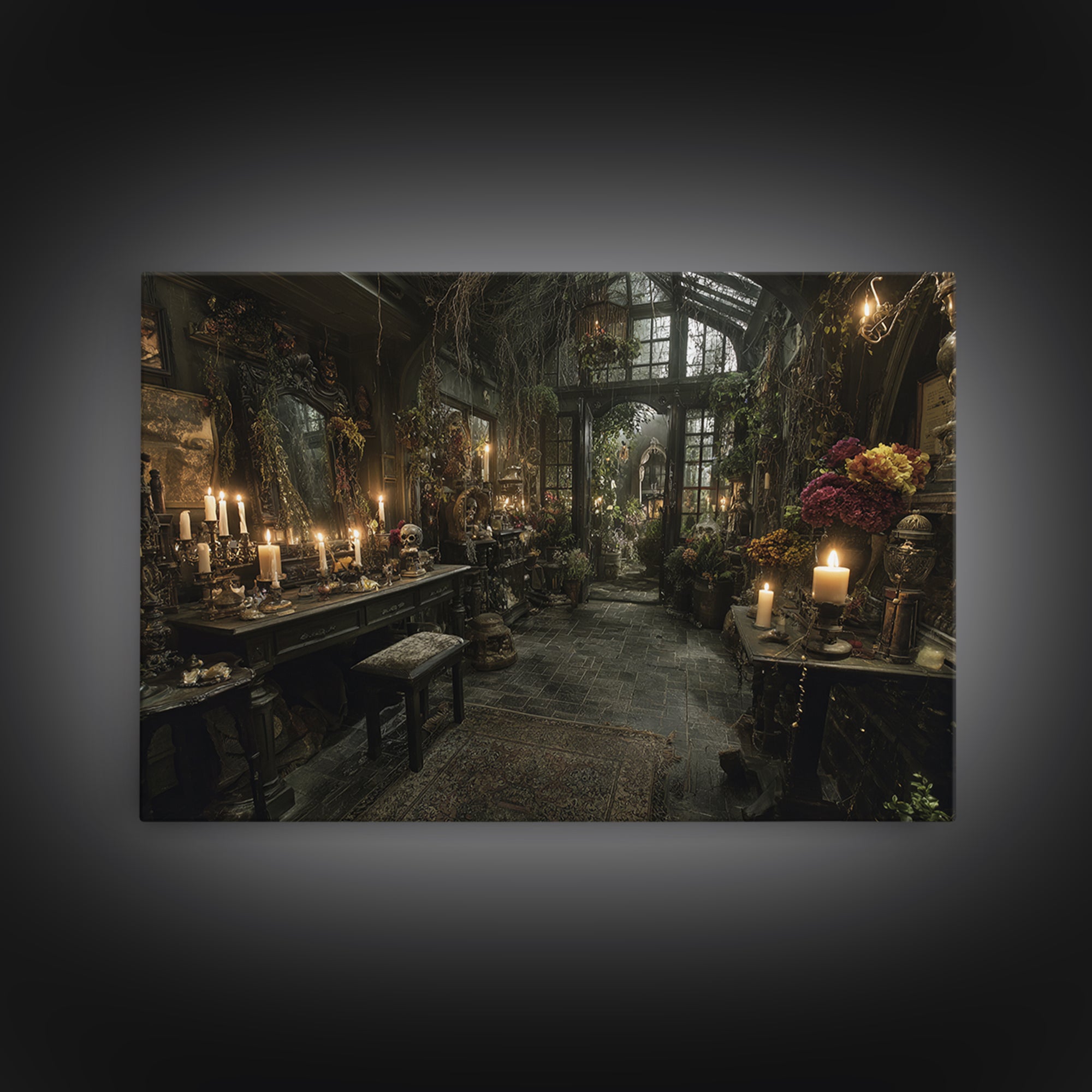 The Cemetery Greenhouse, Landscape Wall Art, Macabre Wall Art, Framed Canvas Print, Halloween Wall Decor, Gothic Home Decor, Halloween Decor