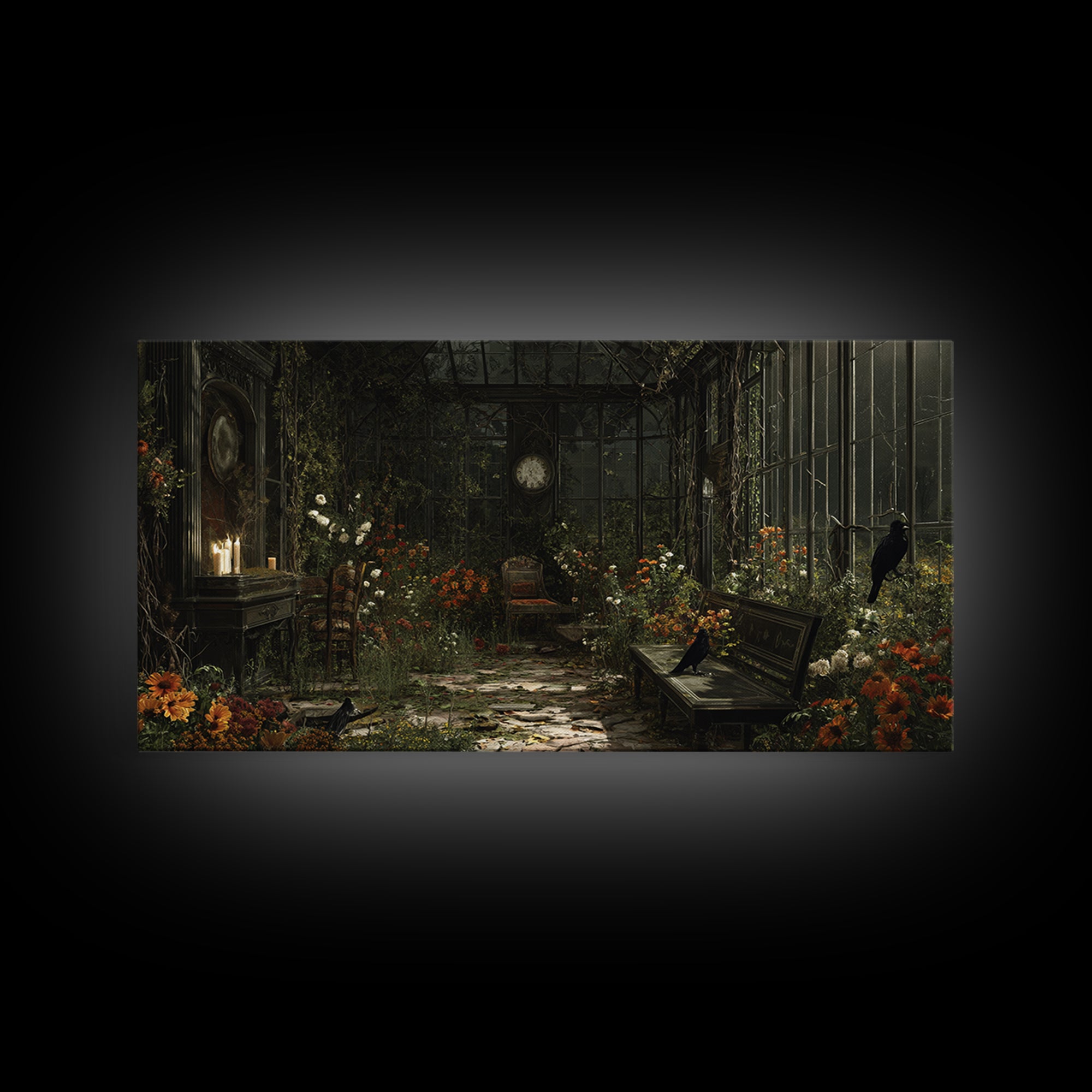 The Cemetery Greenhouse, Wide Panoramic Art, Spooky Home Decor, Canvas Print, Halloween Wall Decor, Gothic Home Decor, Horror Wall Art