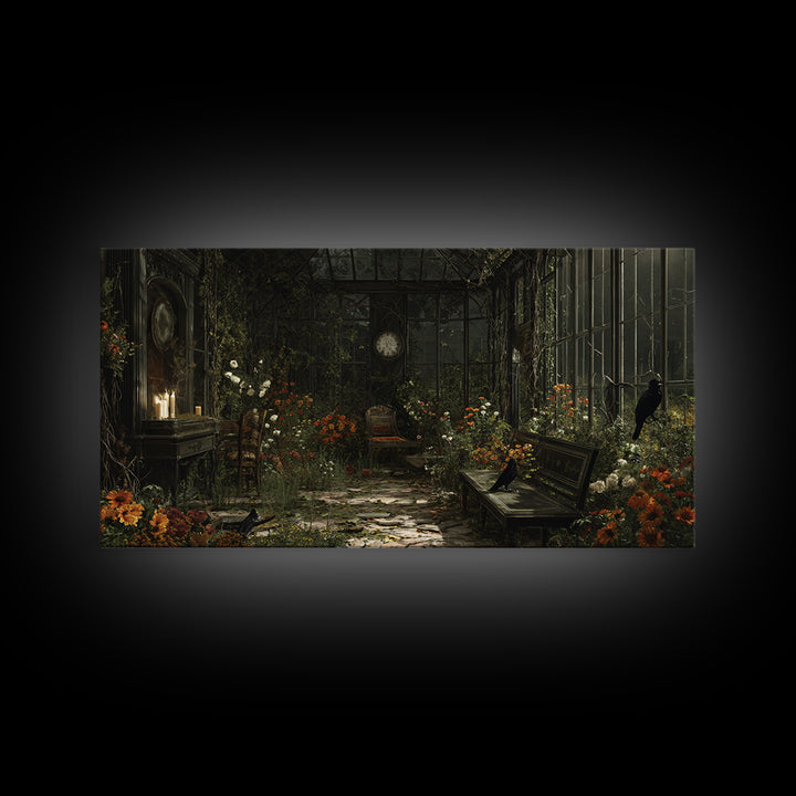 The Cemetery Greenhouse, Wide Panoramic Art, Spooky Home Decor, Canvas Print, Halloween Wall Decor, Gothic Home Decor, Horror Wall Art