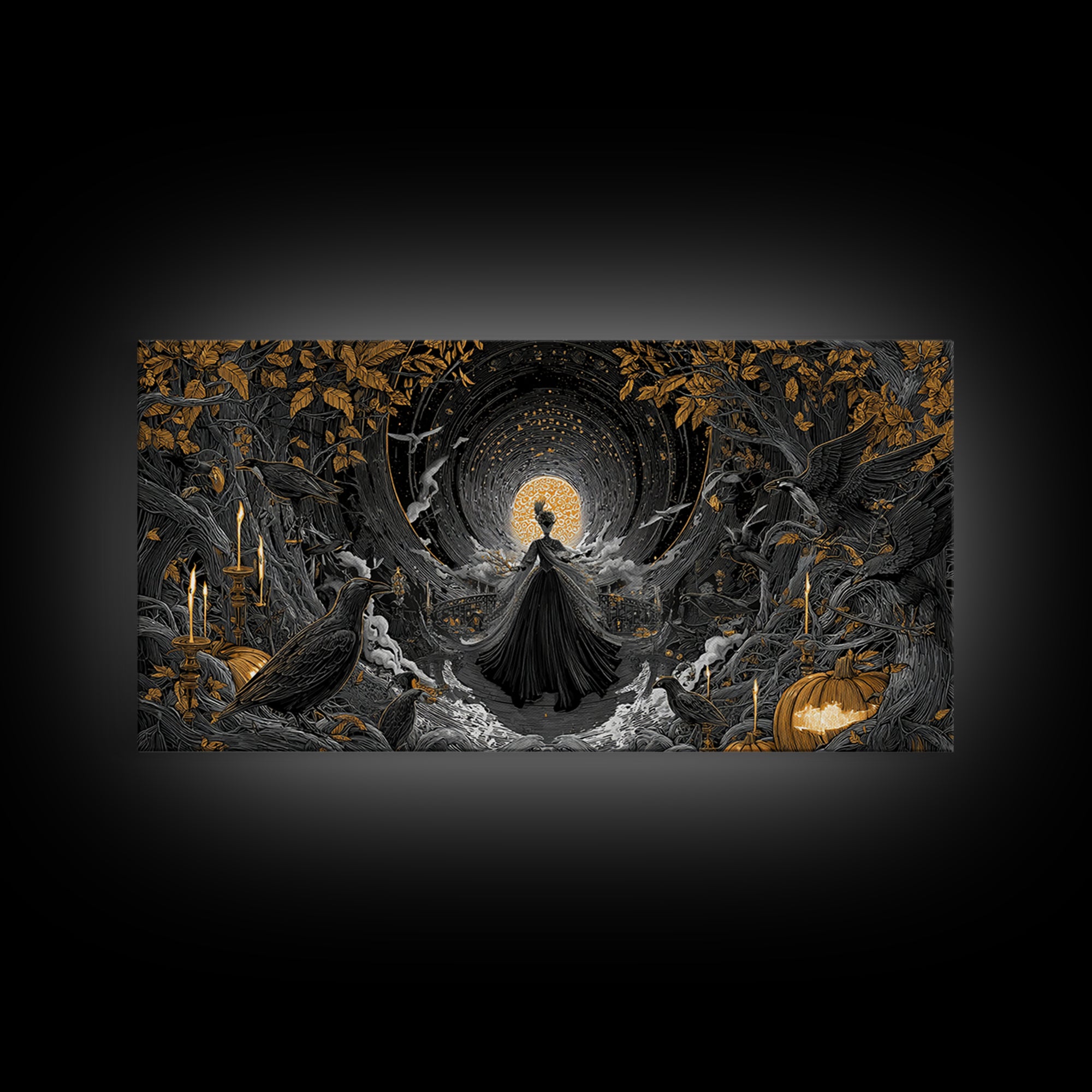 The Midnight Masquerade, Wide Panoramic Art, Haunted Gothic Art, Framed Canvas Print, Halloween Wall Decor, Gothic Home Decor