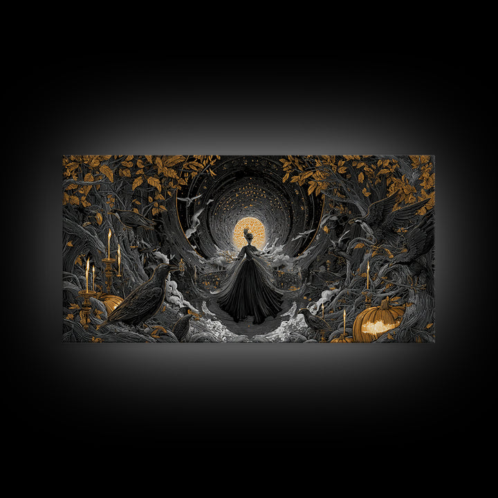 The Midnight Masquerade, Wide Panoramic Art, Haunted Gothic Art, Framed Canvas Print, Halloween Wall Decor, Gothic Home Decor