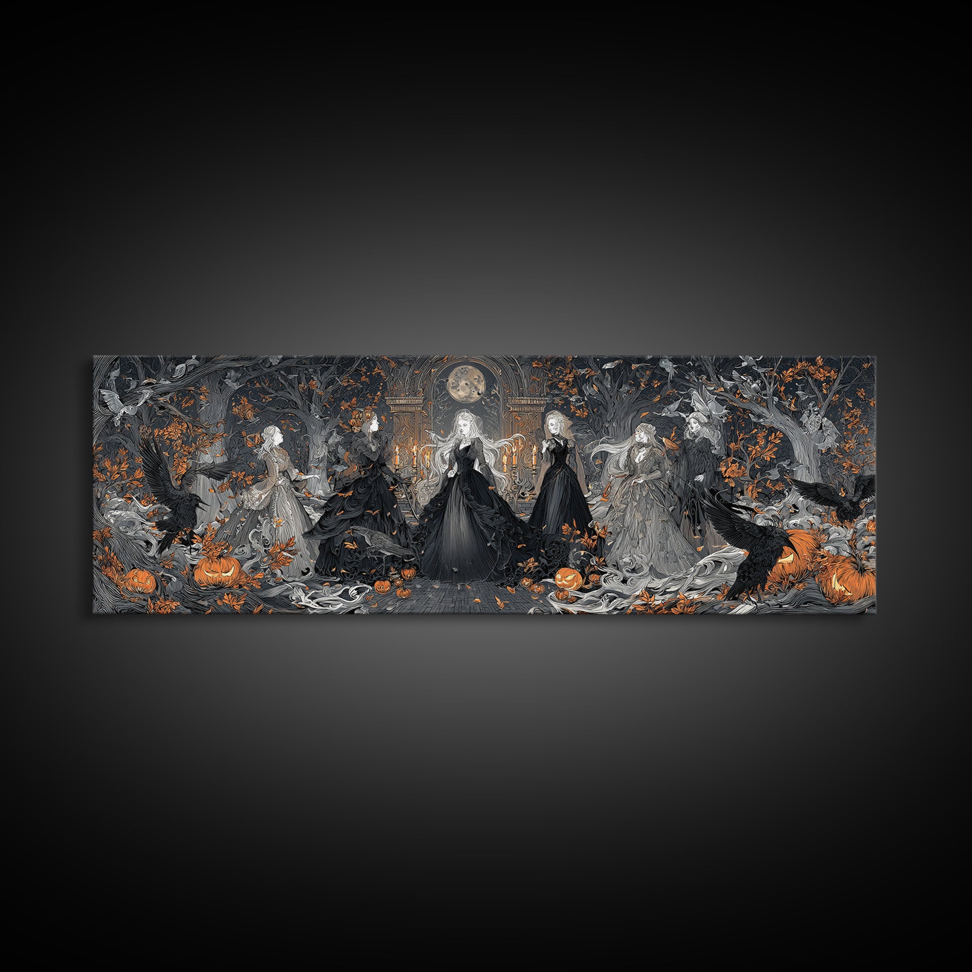 The Midnight Masquerade, Extra Wide Wall Art, Spooky Home Decor, Canvas Print, Halloween Wall Decor, Gothic Home Decor, Statement Wall Art