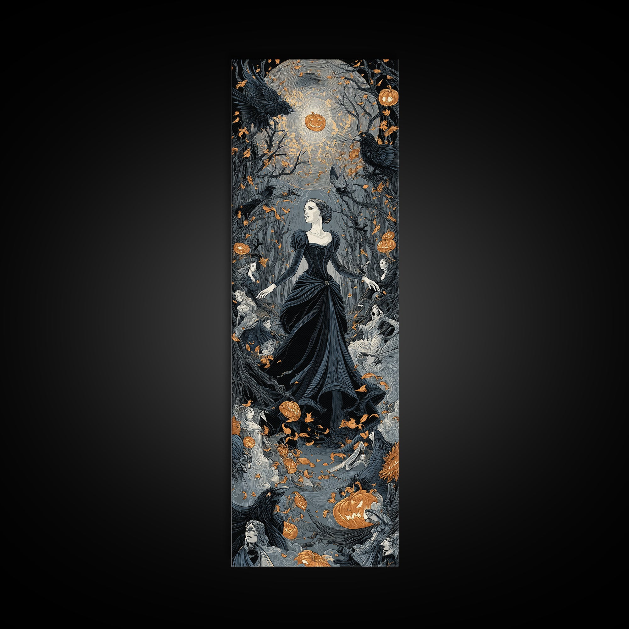 The Midnight Masquerade, Tall Narrow Wall Art, Macabre Wall Art, Framed Canvas Print, Halloween Wall Decor, Gothic Home Decor
