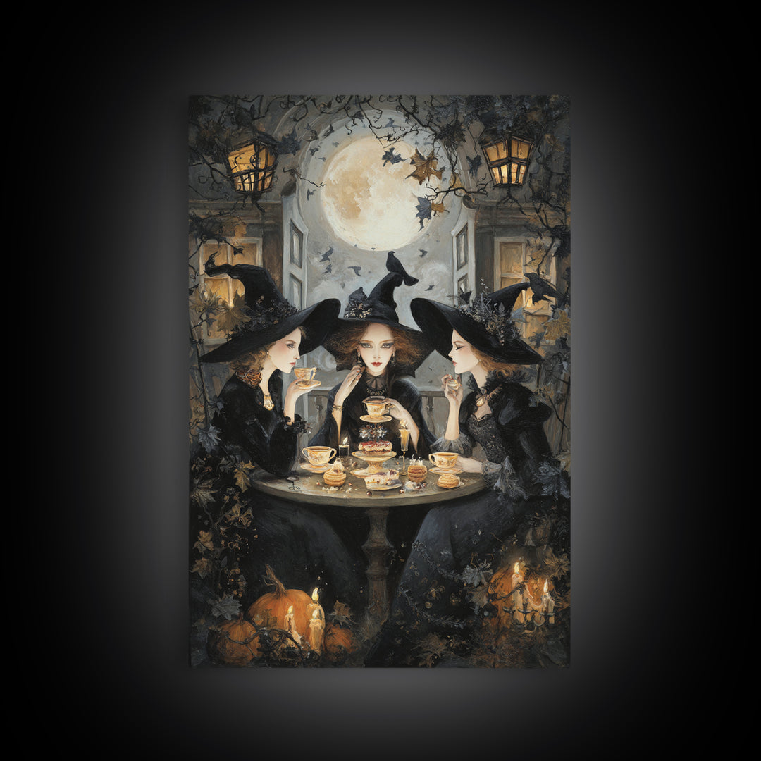 The Witches' Tea Party, Vertical Wall Art, Macabre Wall Art, Framed Canvas Print, Halloween Wall Decor, Gothic Home Decor, Halloween Decor