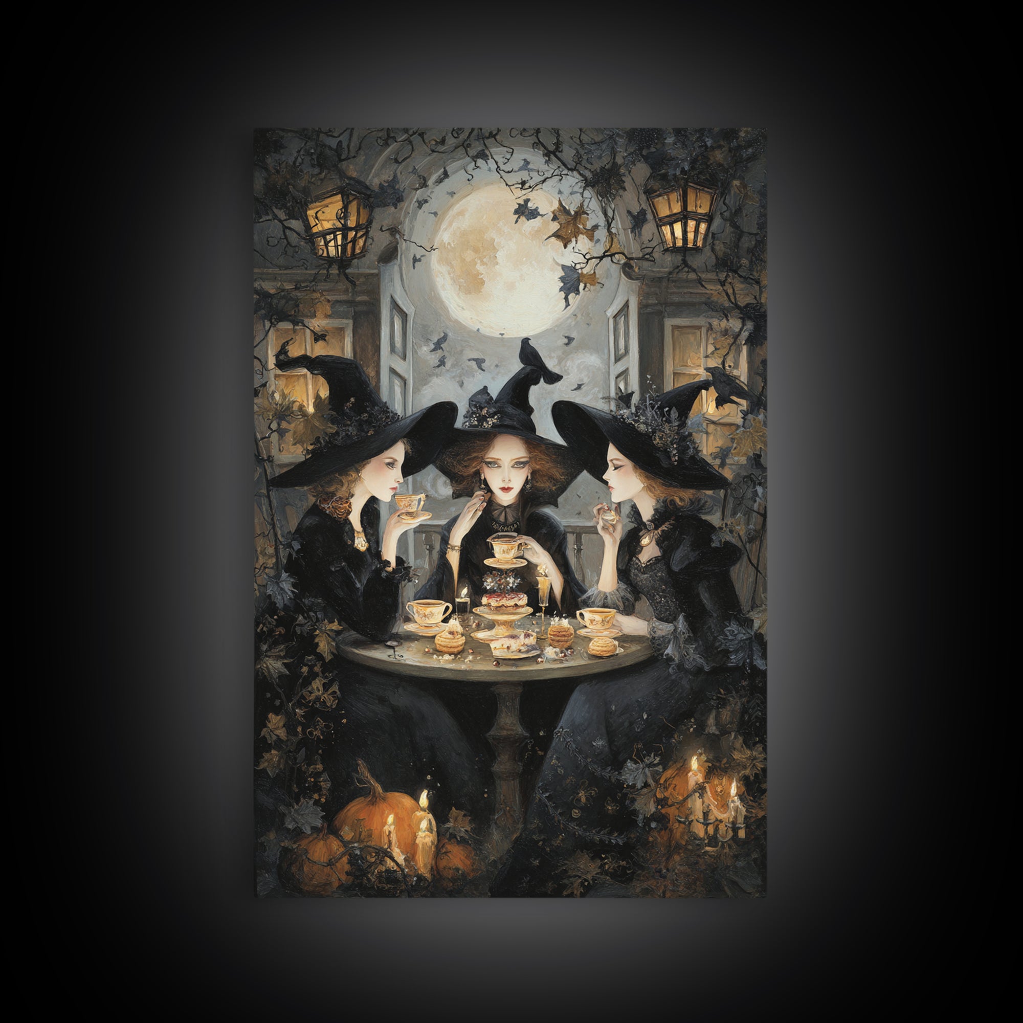 The Witches' Tea Party, Vertical Wall Art, Macabre Wall Art, Framed Canvas Print, Halloween Wall Decor, Gothic Home Decor, Halloween Decor