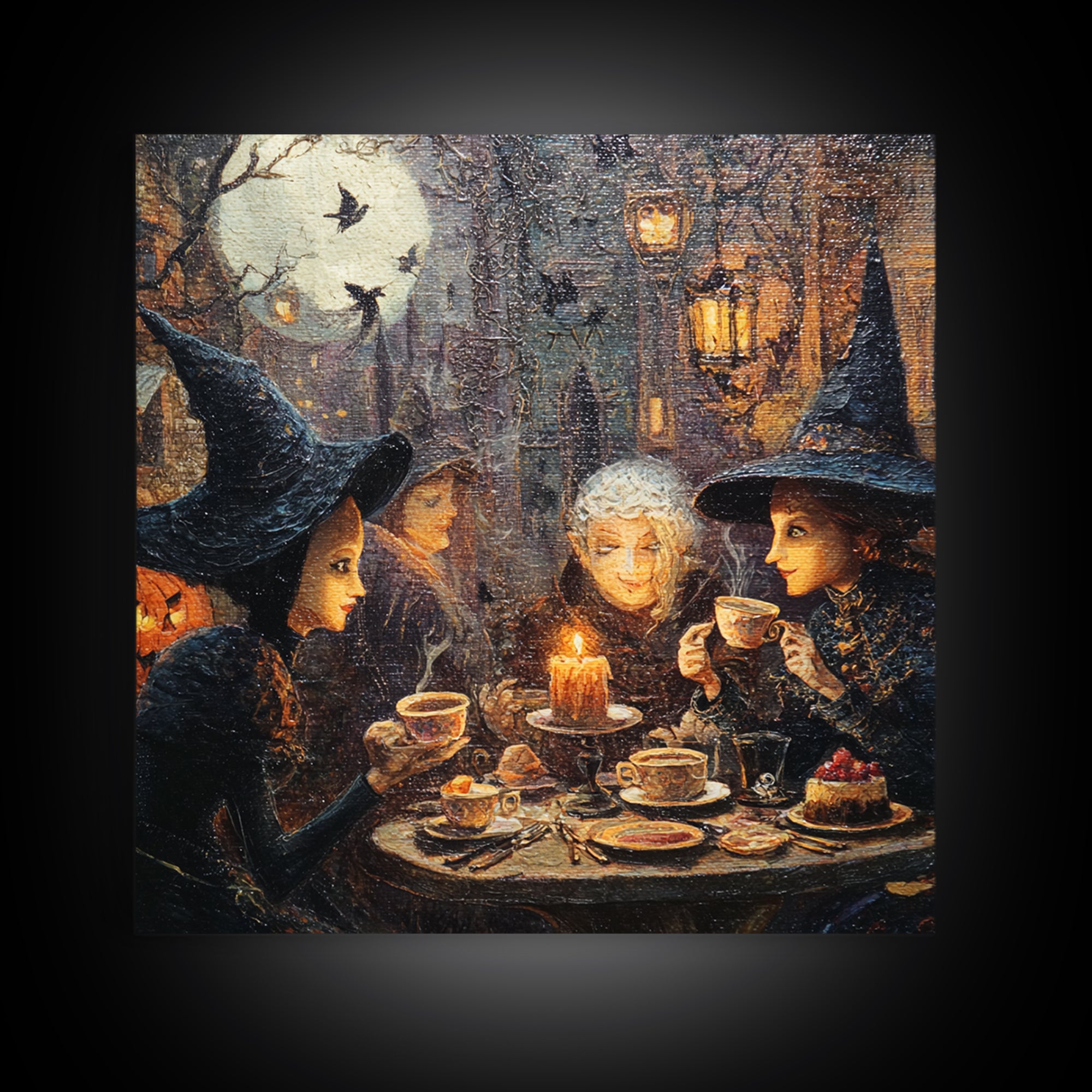 The Witches' Tea Party, Square Wall Art, Gothic Horror Wall Art, Framed Canvas Print, Halloween Wall Decor, Gothic Home Decor