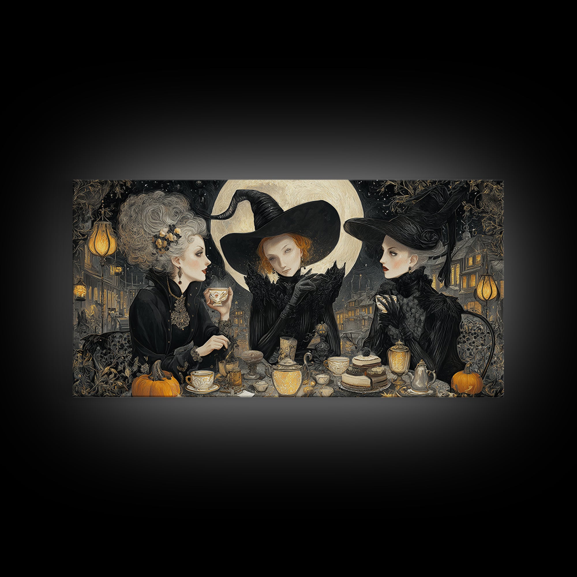 The Witches' Tea Party, Wide Panoramic Art, Dark Halloween Decor, Canvas Print, Halloween Wall Decor, Gothic Home Decor, Horror Wall Art