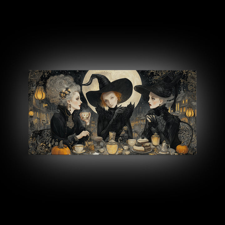 The Witches' Tea Party, Wide Panoramic Art, Dark Halloween Decor, Canvas Print, Halloween Wall Decor, Gothic Home Decor, Horror Wall Art