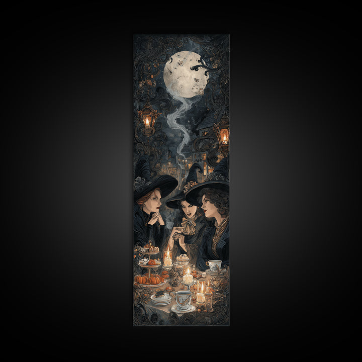 The Witches' Tea Party, Tall Narrow Wall Art, Spooky Home Decor, Canvas Print, Halloween Wall Decor, Gothic Home Decor, Horror Wall Art