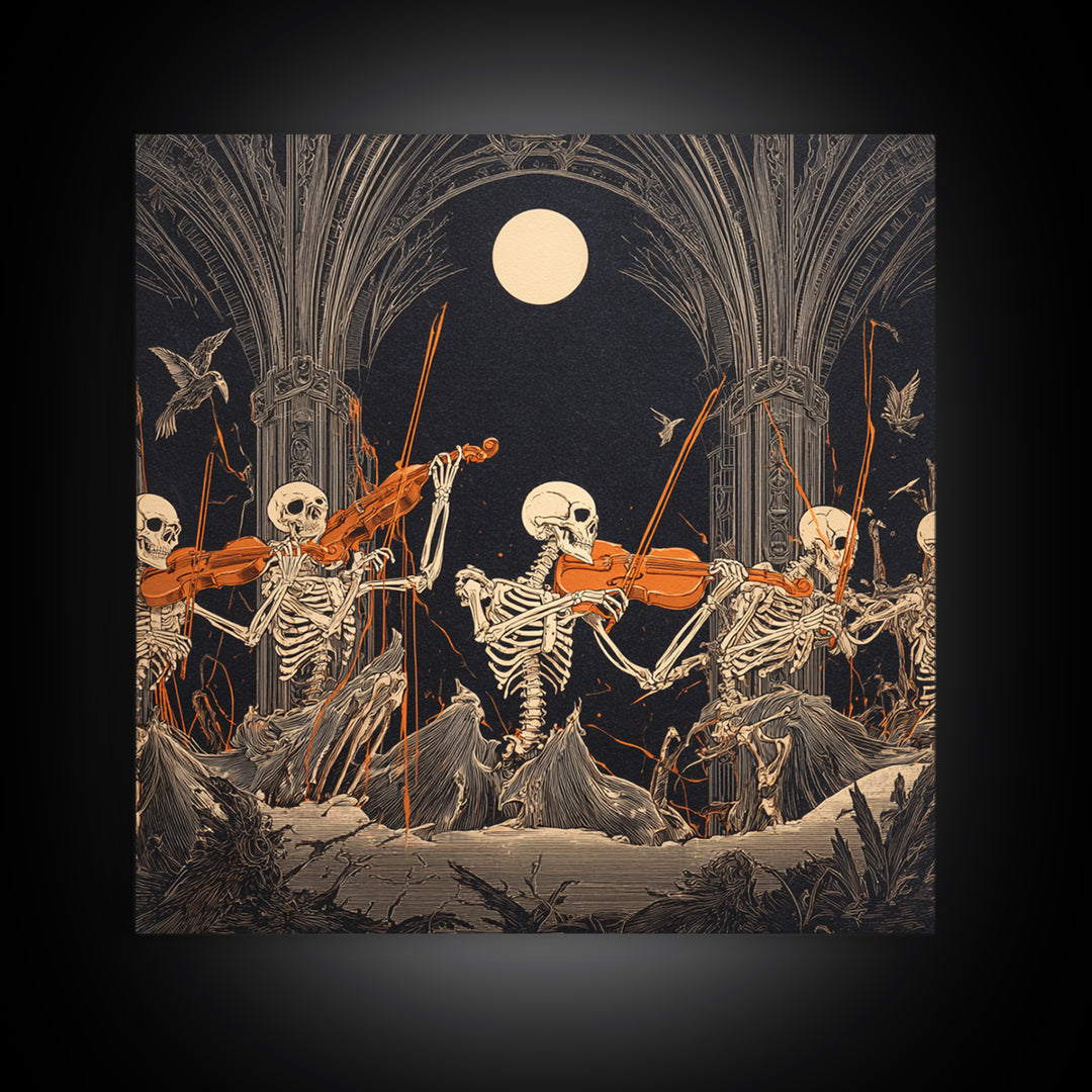 The Skeleton Orchestra, Square Wall Art, Gothic Horror Wall Art, Framed Canvas Print, Halloween Wall Decor, Gothic Home Decor