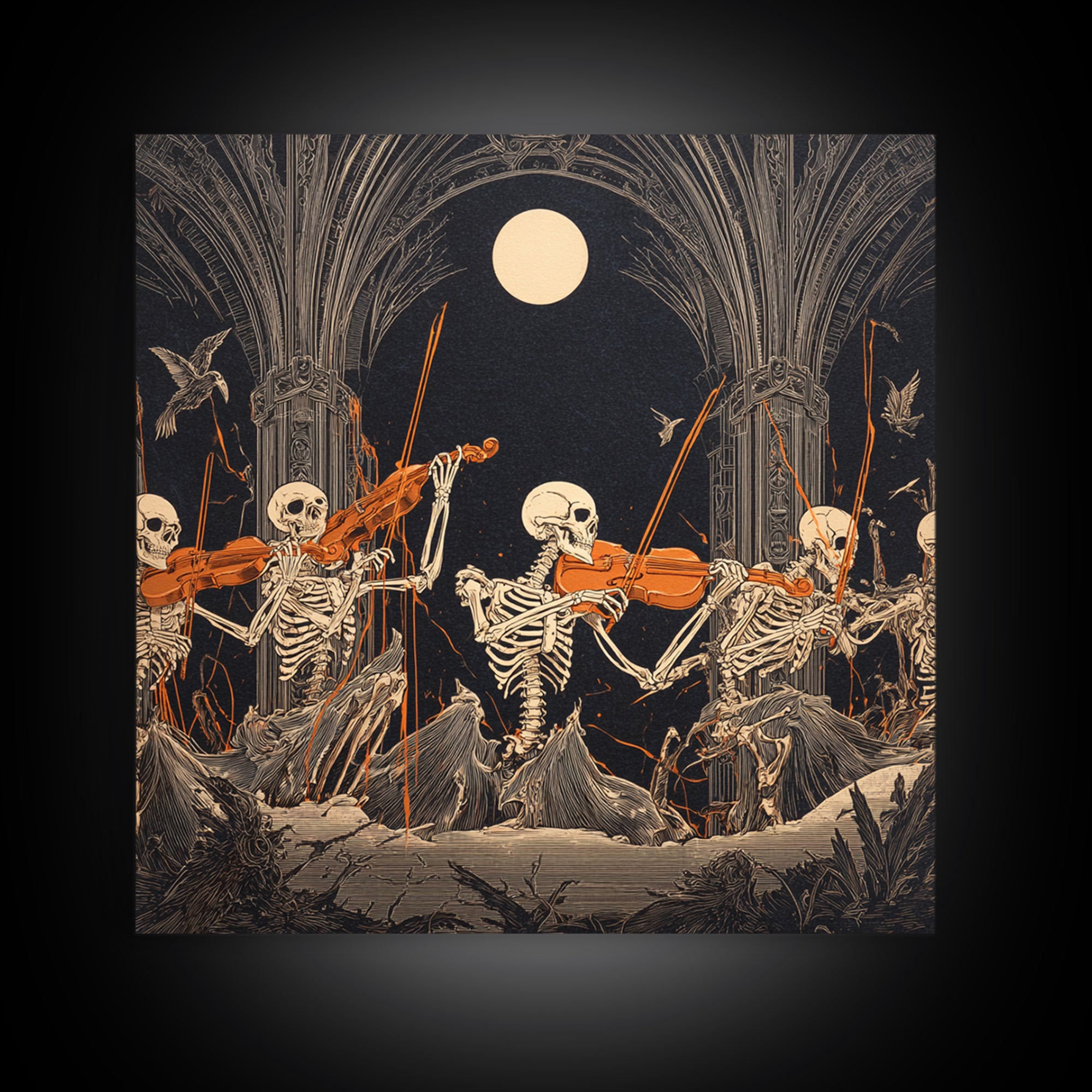 The Skeleton Orchestra, Square Wall Art, Gothic Horror Wall Art, Framed Canvas Print, Halloween Wall Decor, Gothic Home Decor