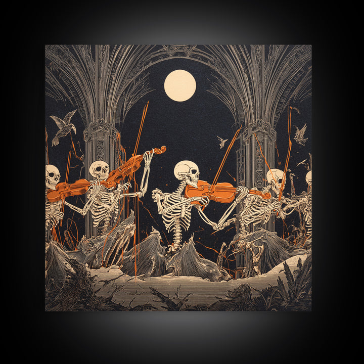 The Skeleton Orchestra, Square Wall Art, Gothic Horror Wall Art, Framed Canvas Print, Halloween Wall Decor, Gothic Home Decor