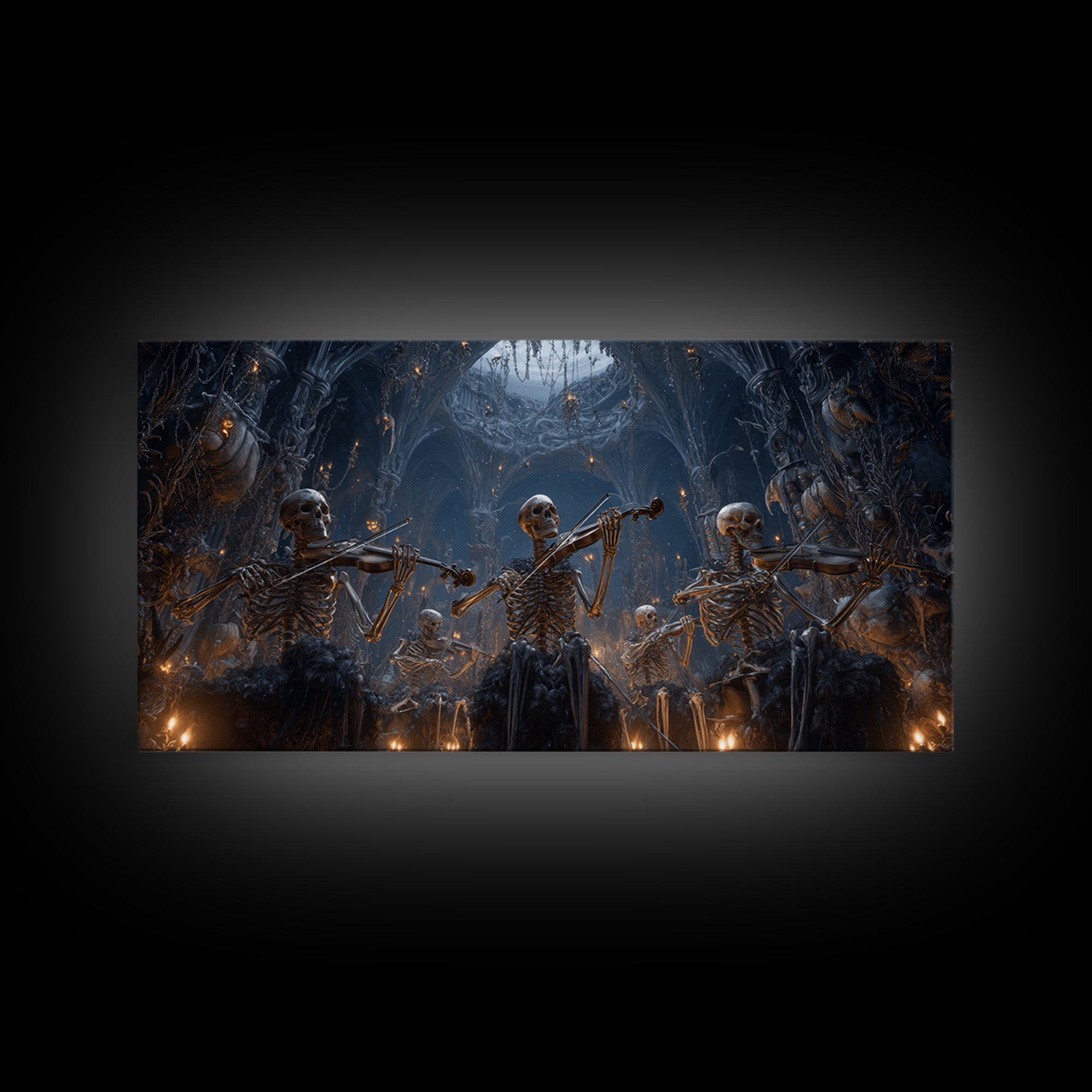 The Skeleton Orchestra, Wide Panoramic Art, Macabre Wall Art, Framed Canvas Print, Halloween Wall Decor, Gothic Home Decor