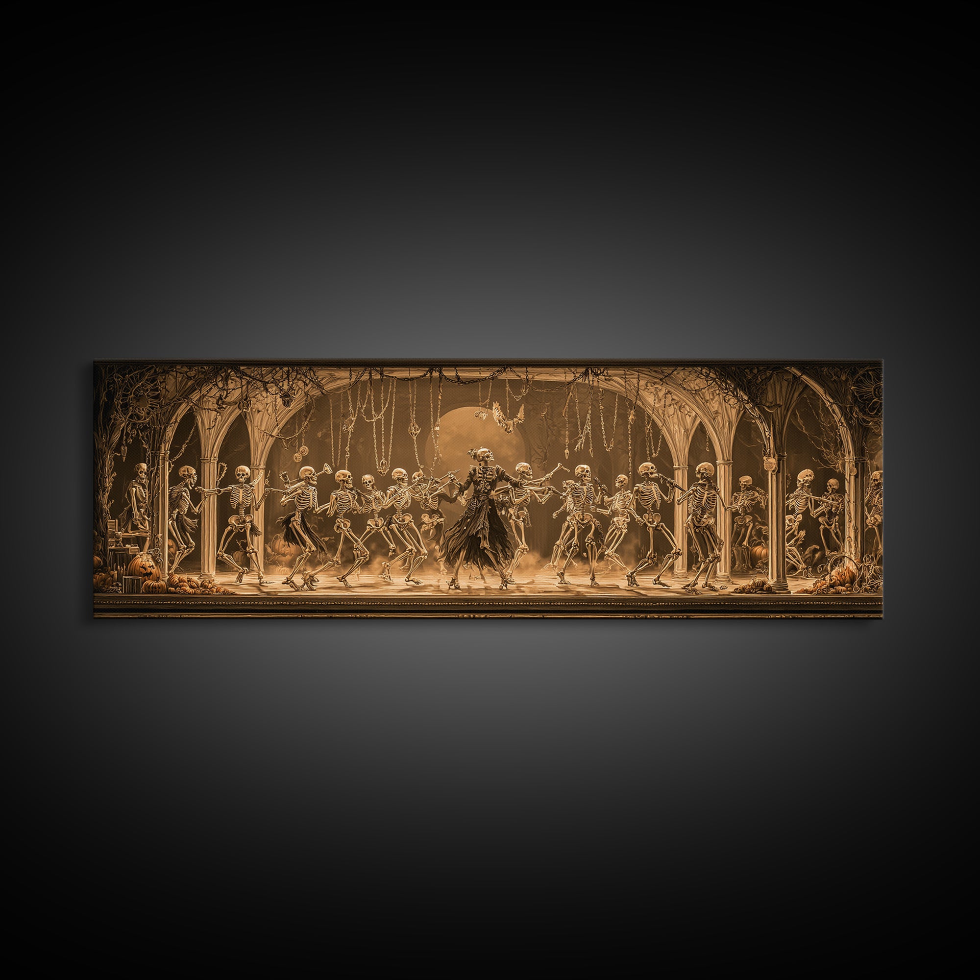 The Skeleton Orchestra, Extra Wide Wall Art, Macabre Wall Art, Framed Canvas Print, Halloween Wall Decor, Gothic Home Decor
