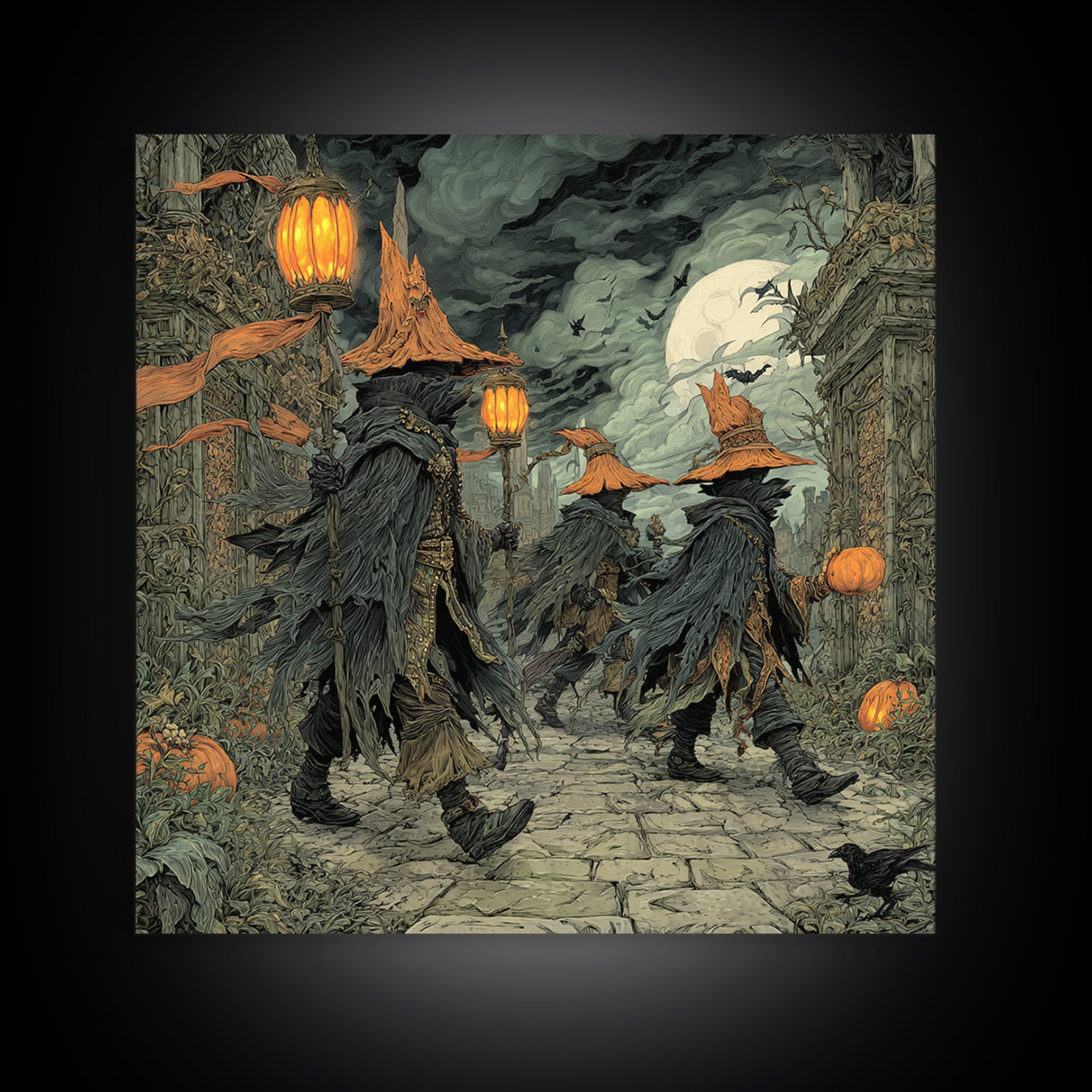 The Monster Parade, Square Wall Art, Haunted Gothic Art, Framed Canvas Print, Halloween Wall Decor, Gothic Home Decor, Dark Fantasy Art