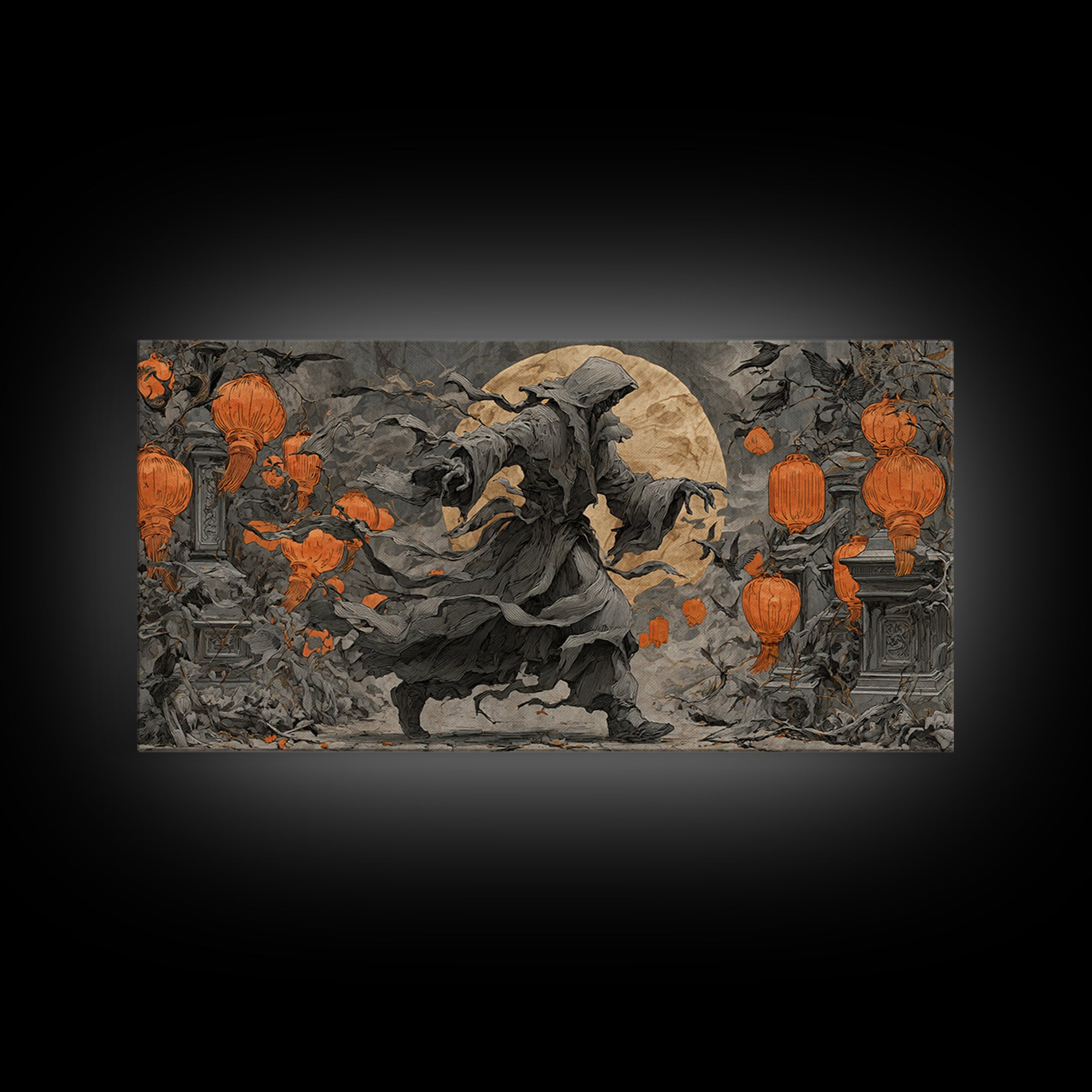 The Monster Parade, Wide Panoramic Art, Macabre Wall Art, Framed Canvas Print, Halloween Wall Decor, Gothic Home Decor, Horror Wall Art