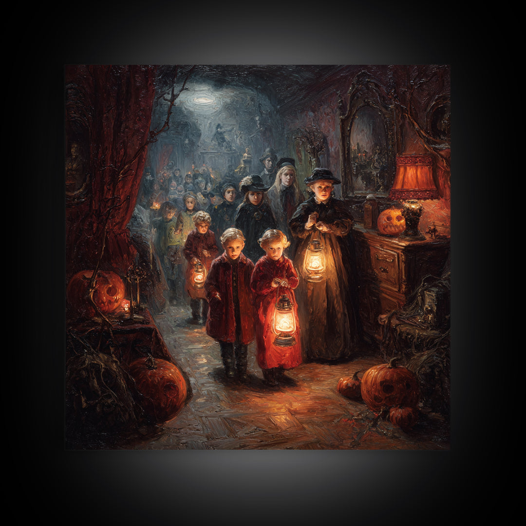 The Trick-Or-Treat Procession, Square Wall Art, Haunted Gothic Art, Framed Canvas Print, Halloween Wall Decor, Gothic Home Decor