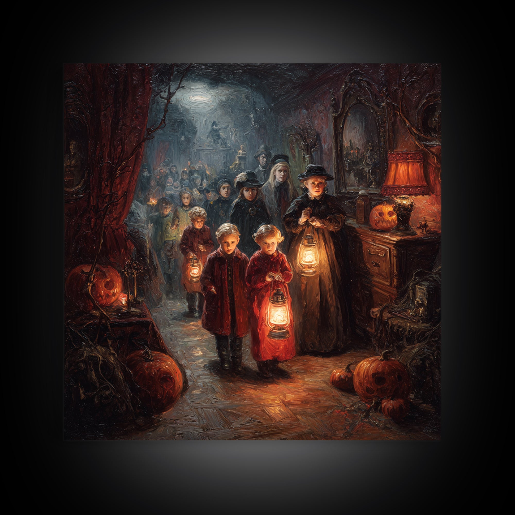 The Trick-Or-Treat Procession, Square Wall Art, Haunted Gothic Art, Framed Canvas Print, Halloween Wall Decor, Gothic Home Decor