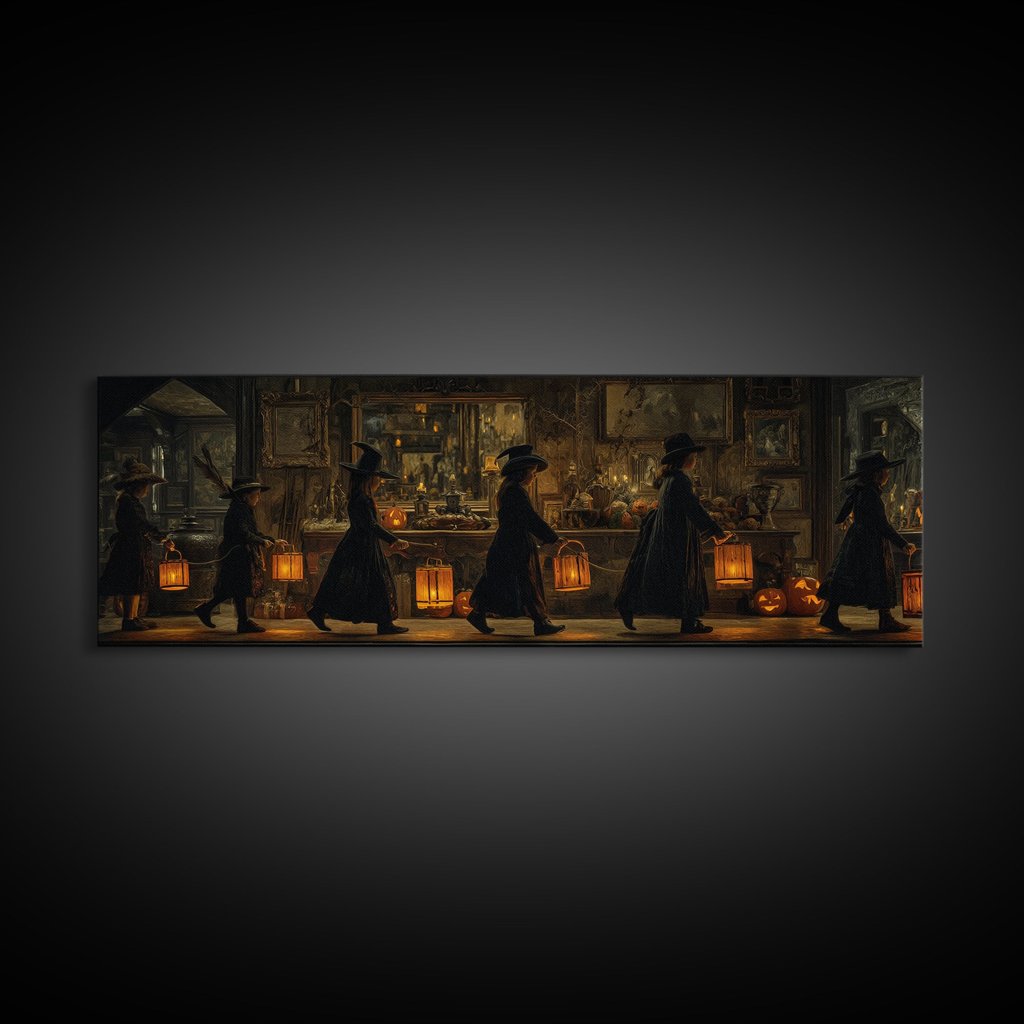 The Trick-Or-Treat Procession, Extra Wide Wall Art, Dark Fantasy Wall Art, Canvas Print, Halloween Wall Decor, Gothic Home Decor