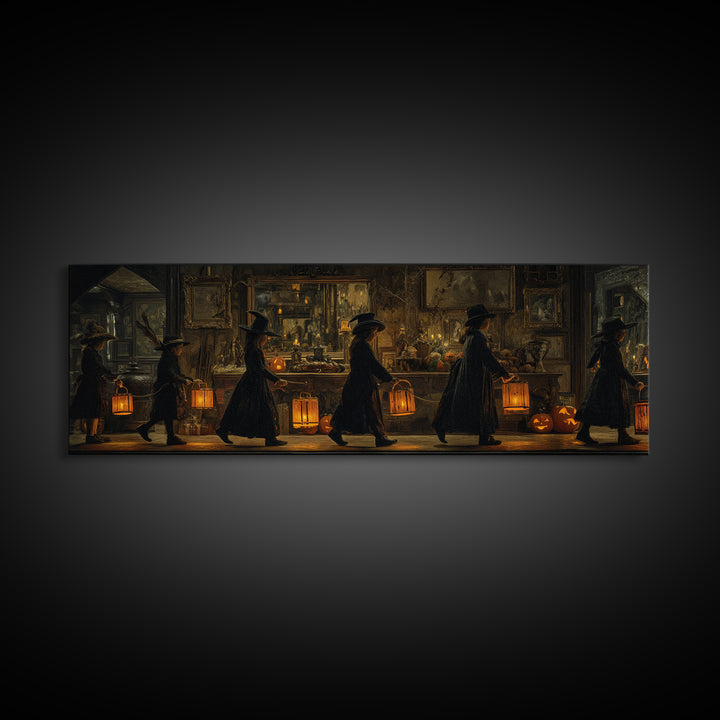 The Trick-Or-Treat Procession, Extra Wide Wall Art, Dark Fantasy Wall Art, Canvas Print, Halloween Wall Decor, Gothic Home Decor