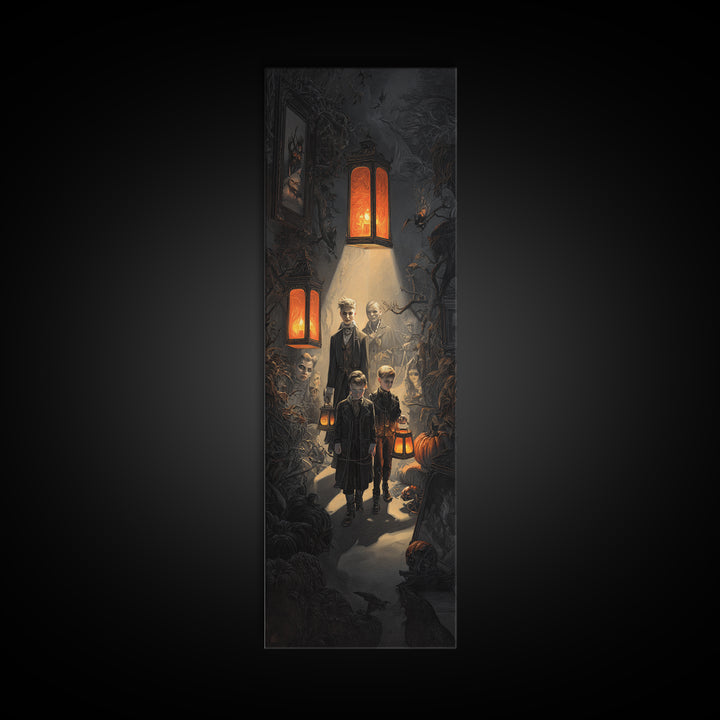 The Trick-Or-Treat Procession, Tall Narrow Wall Art, Spooky Home Decor, Canvas Print, Halloween Wall Decor, Gothic Home Decor