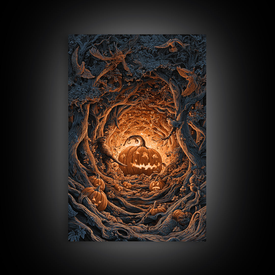 The Pumpkin-Carving Ritual, Vertical Wall Art, Haunted Gothic Art, Framed Canvas Print, Halloween Wall Decor, Gothic Home Decor