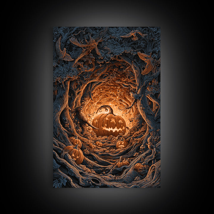The Pumpkin-Carving Ritual, Vertical Wall Art, Haunted Gothic Art, Framed Canvas Print, Halloween Wall Decor, Gothic Home Decor