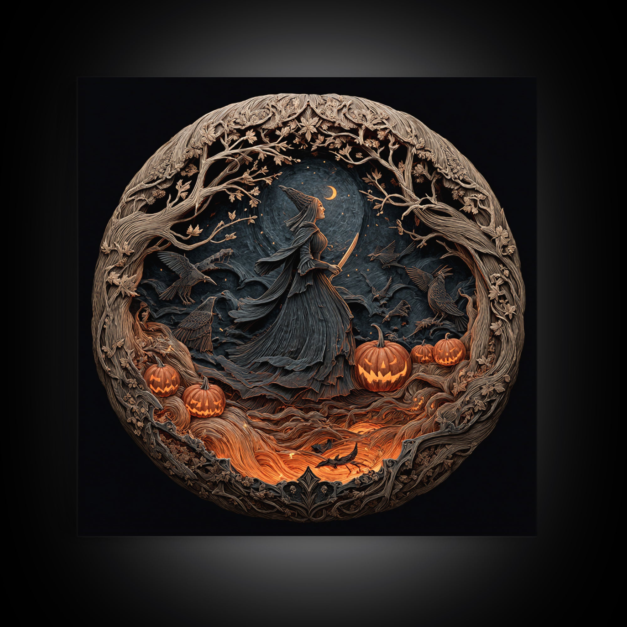 The Pumpkin-Carving Ritual, Square Wall Art, Haunted Gothic Art, Framed Canvas Print, Halloween Wall Decor, Gothic Home Decor