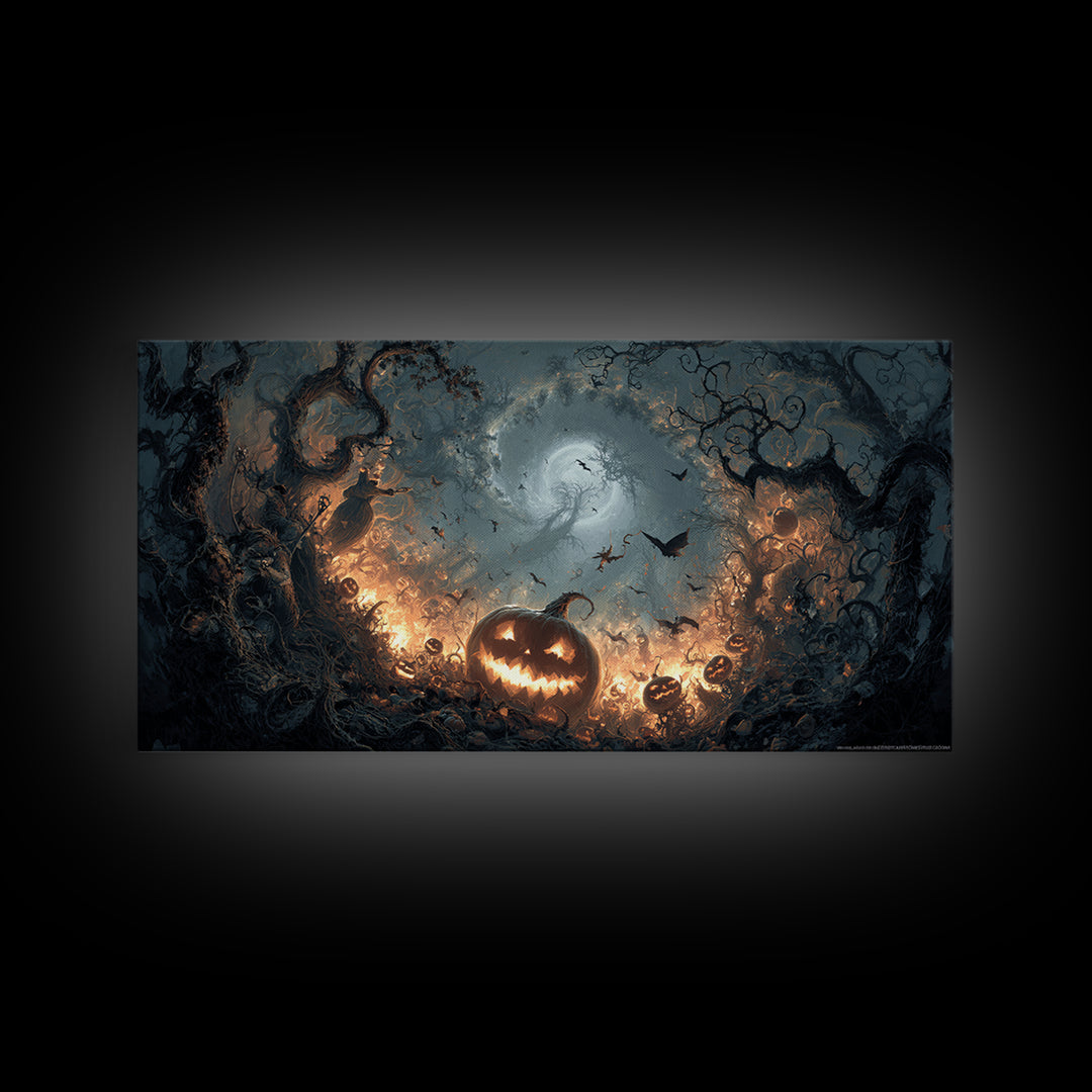 The Pumpkin-Carving Ritual, Wide Panoramic Art, Dark Fantasy Wall Art, Canvas Print, Halloween Wall Decor, Gothic Home Decor