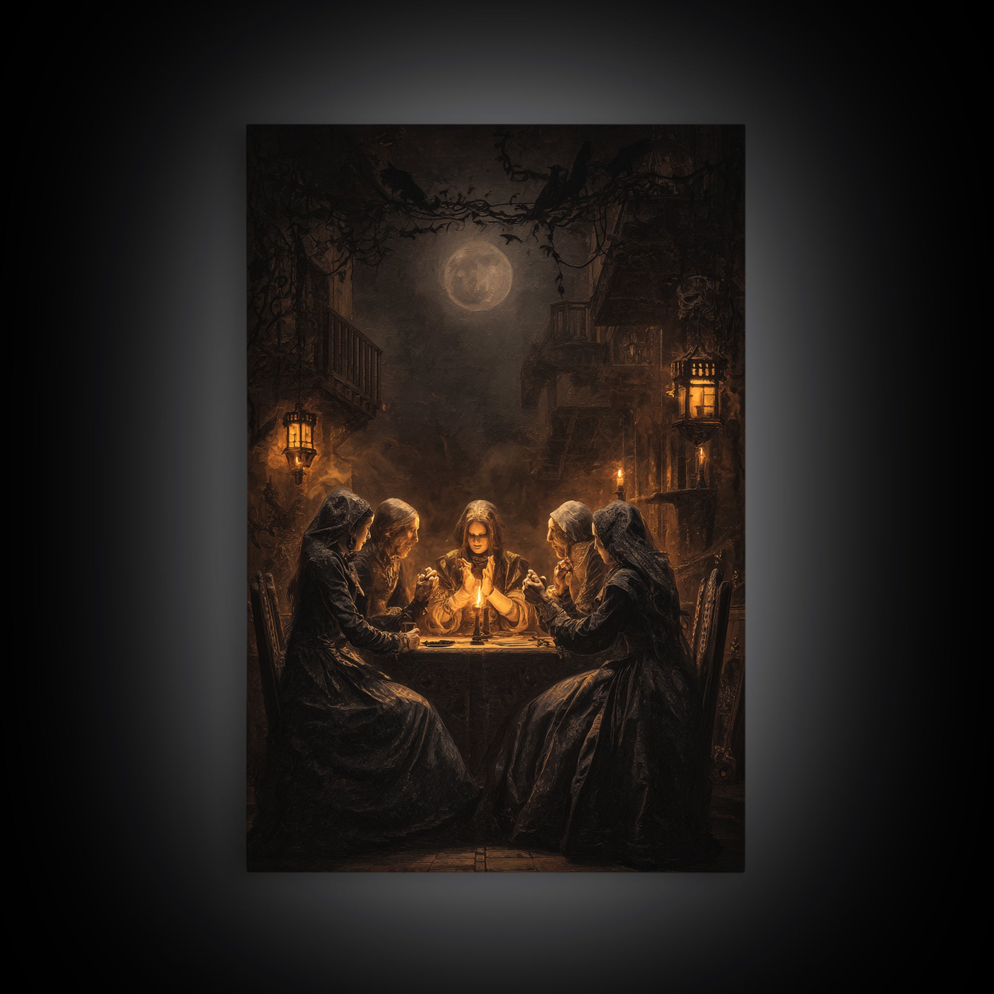 The Candlelit Seance, Vertical Wall Art, Gothic Horror Wall Art, Framed Canvas Print, Halloween Wall Decor, Gothic Home Decor