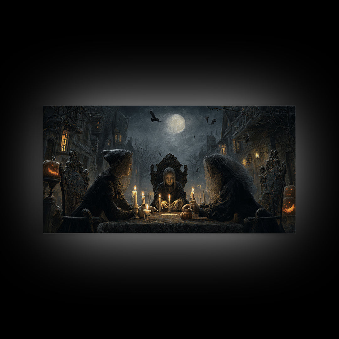 The Candlelit Seance, Wide Panoramic Art, Haunted Gothic Art, Framed Canvas Print, Halloween Wall Decor, Gothic Home Decor