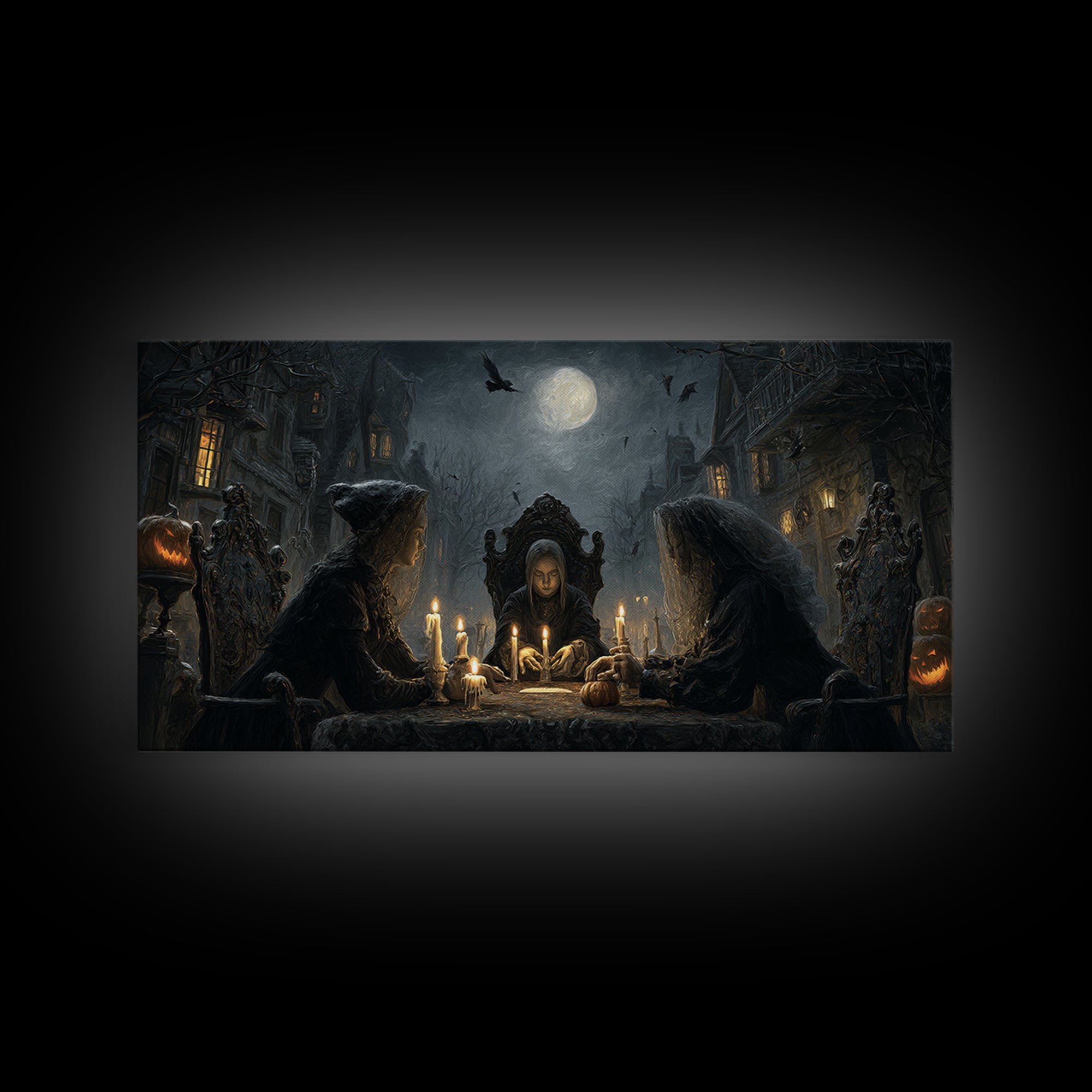 The Candlelit Seance, Wide Panoramic Art, Haunted Gothic Art, Framed Canvas Print, Halloween Wall Decor, Gothic Home Decor