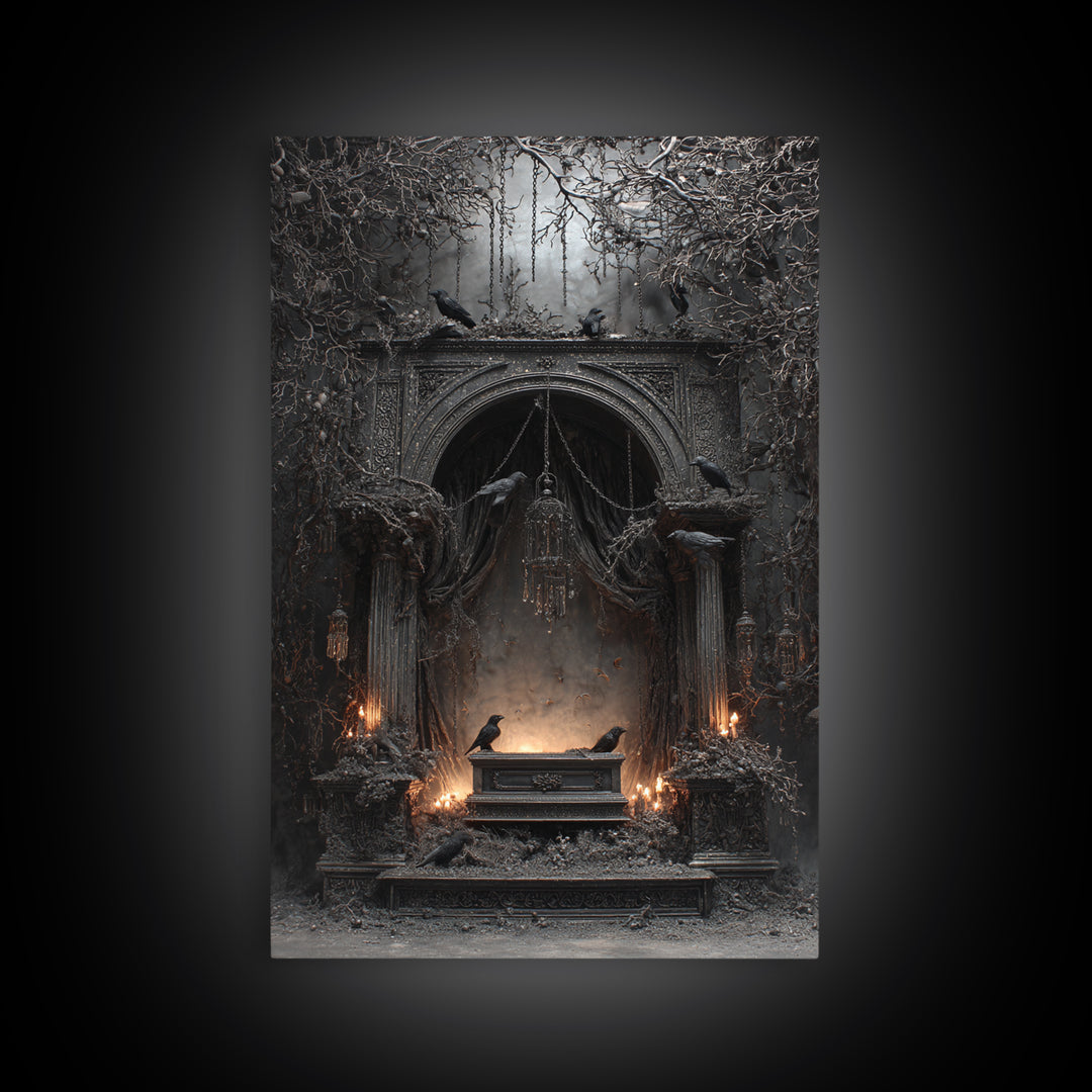 The Raven Funeral, Vertical Wall Art, Gothic Horror Wall Art, Framed Canvas Print, Halloween Wall Decor, Gothic Home Decor, Dark Fantasy Art