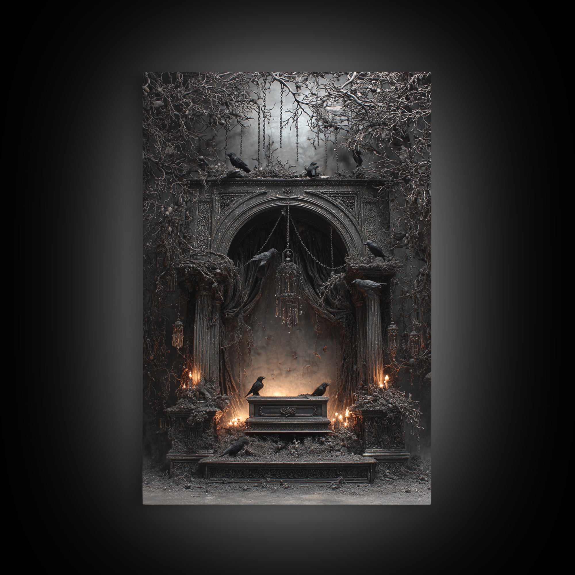 The Raven Funeral, Vertical Wall Art, Gothic Horror Wall Art, Framed Canvas Print, Halloween Wall Decor, Gothic Home Decor, Dark Fantasy Art