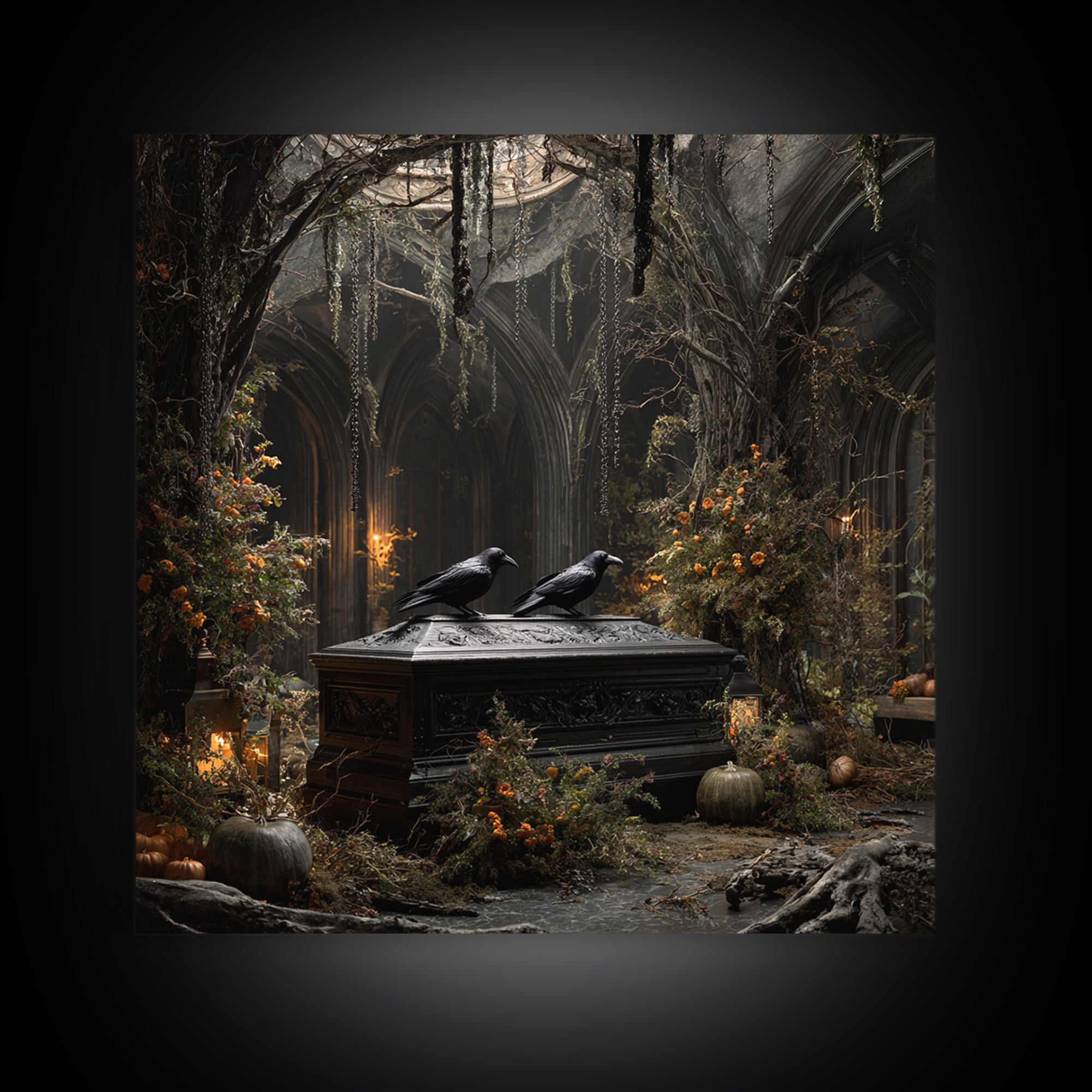 The Raven Funeral, Square Wall Art, Haunted Gothic Art, Framed Canvas Print, Halloween Wall Decor, Gothic Home Decor, Macabre Wall Art