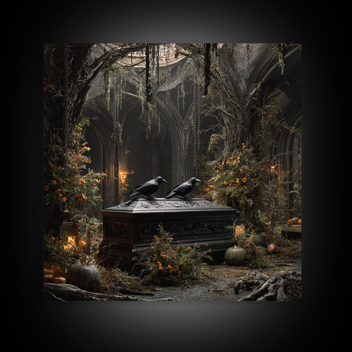 The Raven Funeral, Square Wall Art, Haunted Gothic Art, Framed Canvas Print, Halloween Wall Decor, Gothic Home Decor, Macabre Wall Art