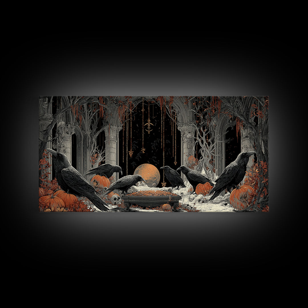 The Raven Funeral, Wide Panoramic Art, Gothic Horror Wall Art, Framed Canvas Print, Halloween Wall Decor, Gothic Home Decor, Halloween Decor