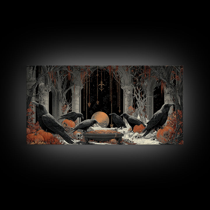 The Raven Funeral, Wide Panoramic Art, Gothic Horror Wall Art, Framed Canvas Print, Halloween Wall Decor, Gothic Home Decor, Halloween Decor