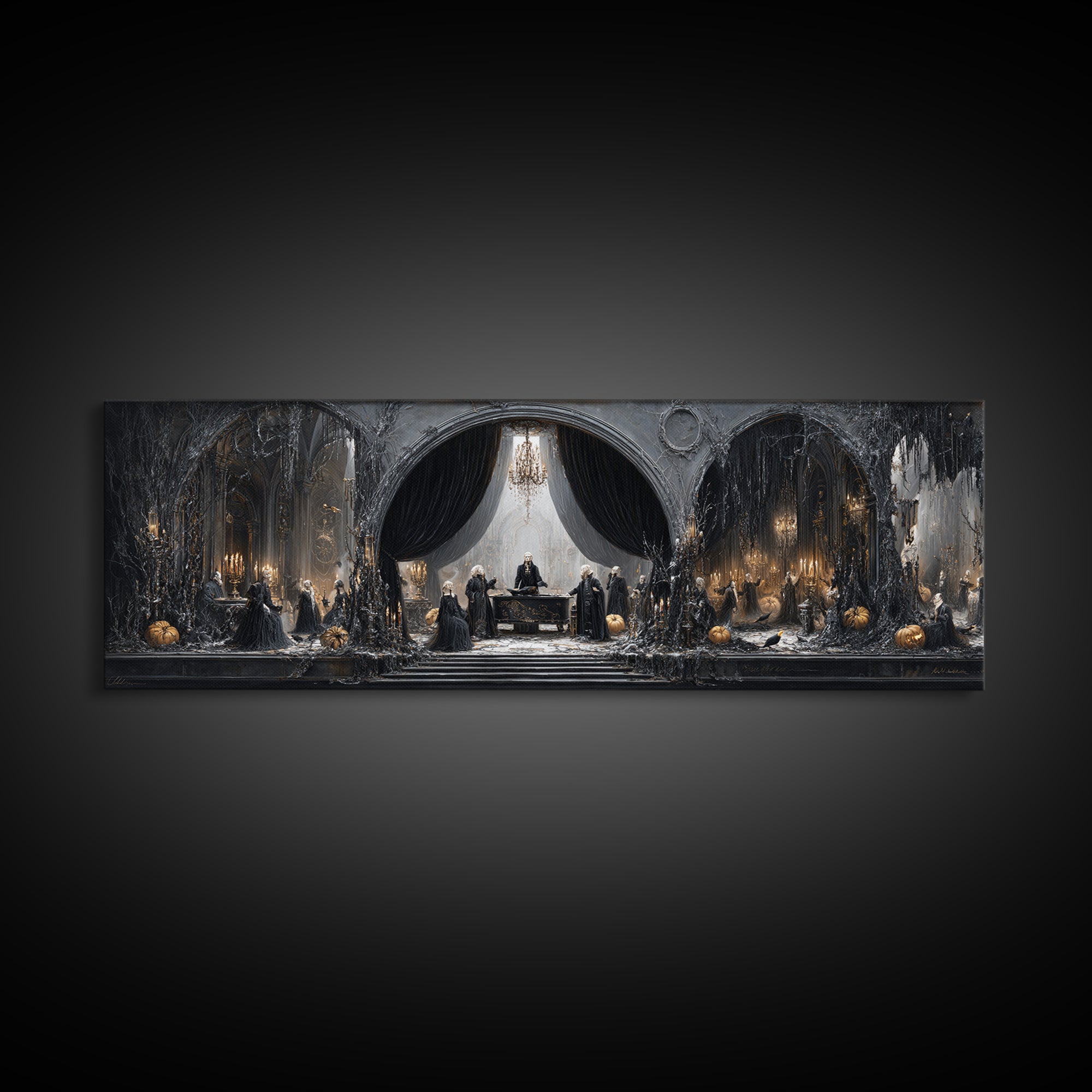 The Raven Funeral, Extra Wide Wall Art, Macabre Wall Art, Framed Canvas Print, Halloween Wall Decor, Gothic Home Decor, Halloween Wall Art
